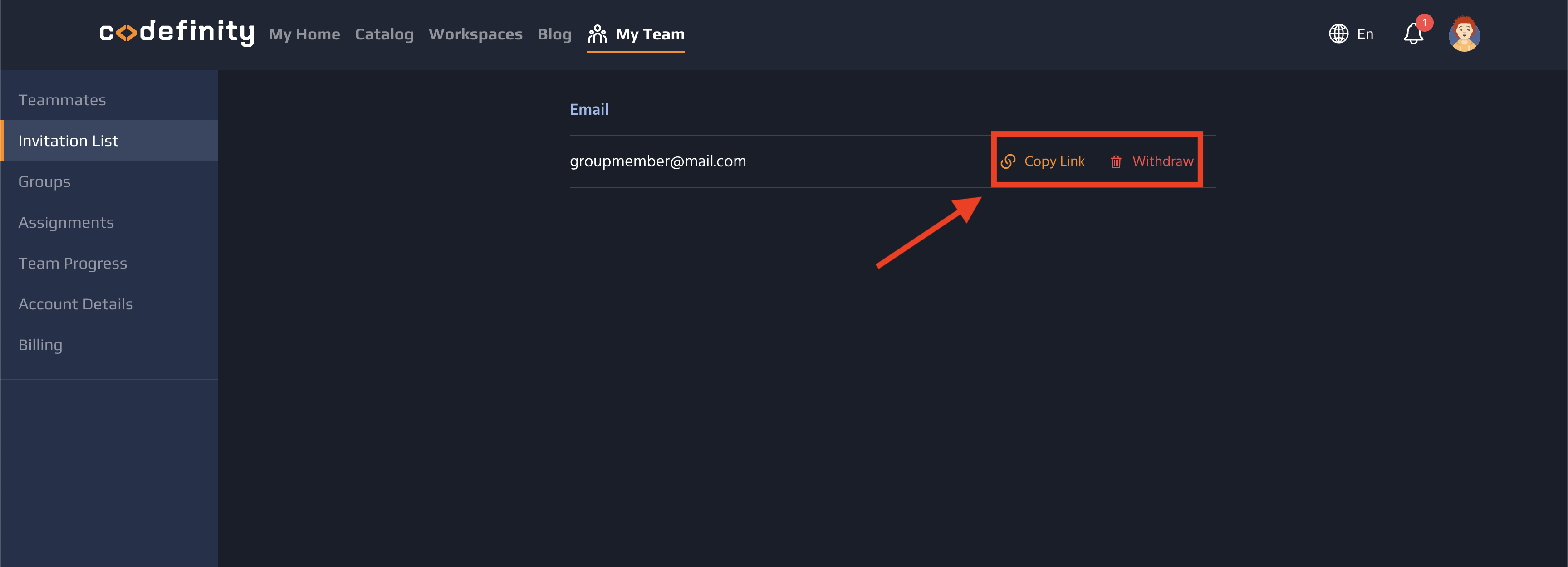 4. To delete an invite, select <b>Withdraw<b>. To share an invitation link, select <b>Copy Link<b>