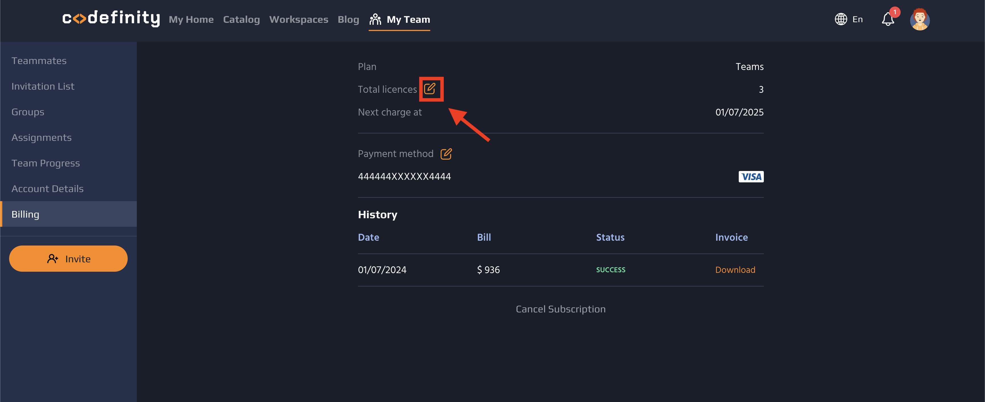 1. After selecting <b>Billing<b> from the left panel, click <b>Edit<b> next to <b>Total Licenses<b>
